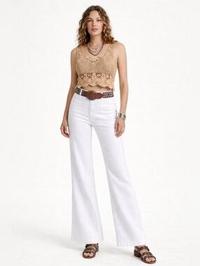Retro Size 31 High Rise Boho Flare Leg Coastal White Stretch Cotton Jeans New